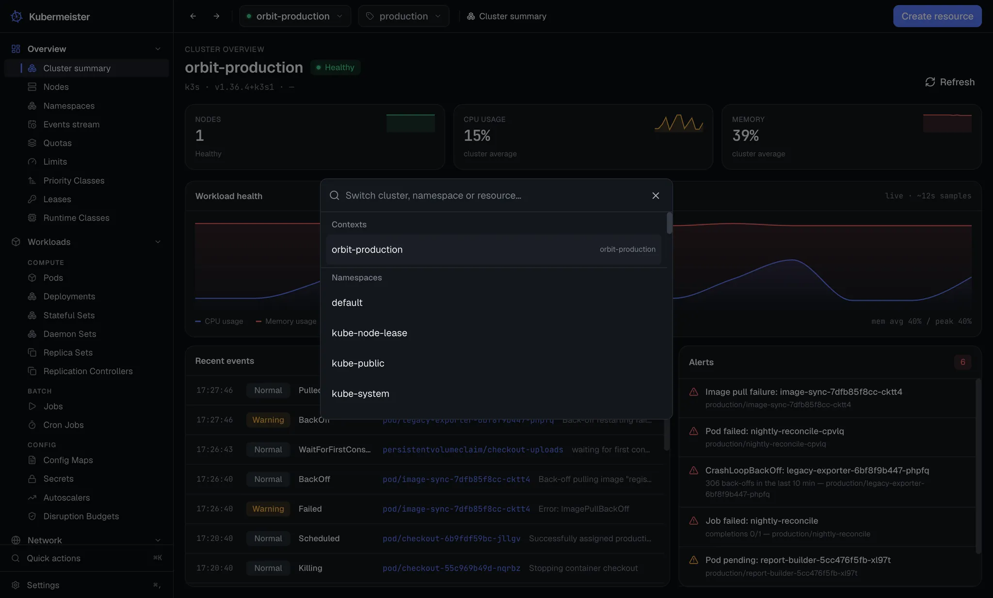 The Kubermeister command palette, listing screens, contexts and namespaces.
