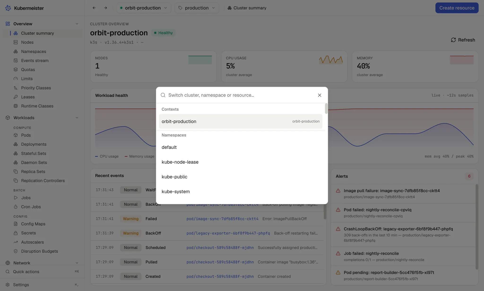 The Kubermeister command palette, listing screens, contexts and namespaces.