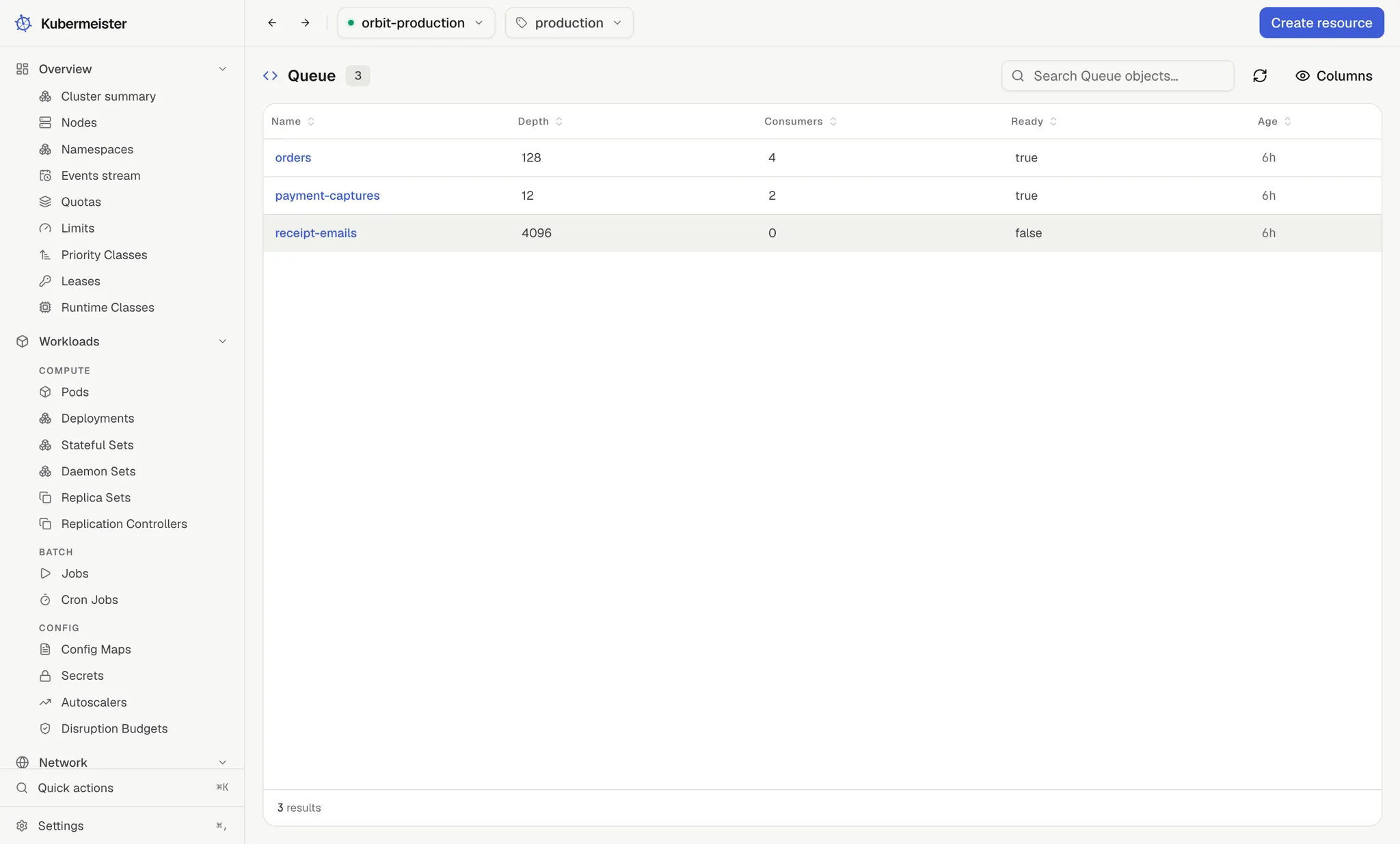 Instances of a custom resource definition, listed with the columns the definition declares.