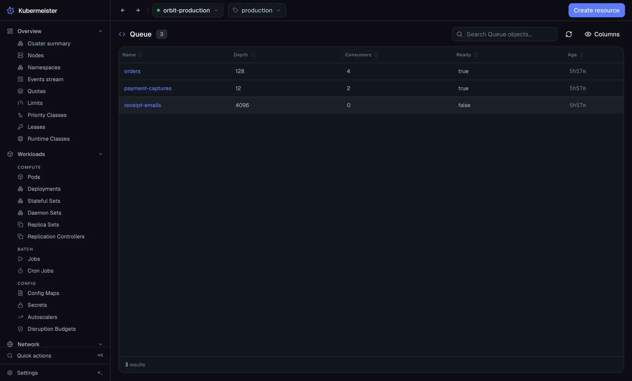 Instances of a custom resource definition, listed with the columns the definition declares.