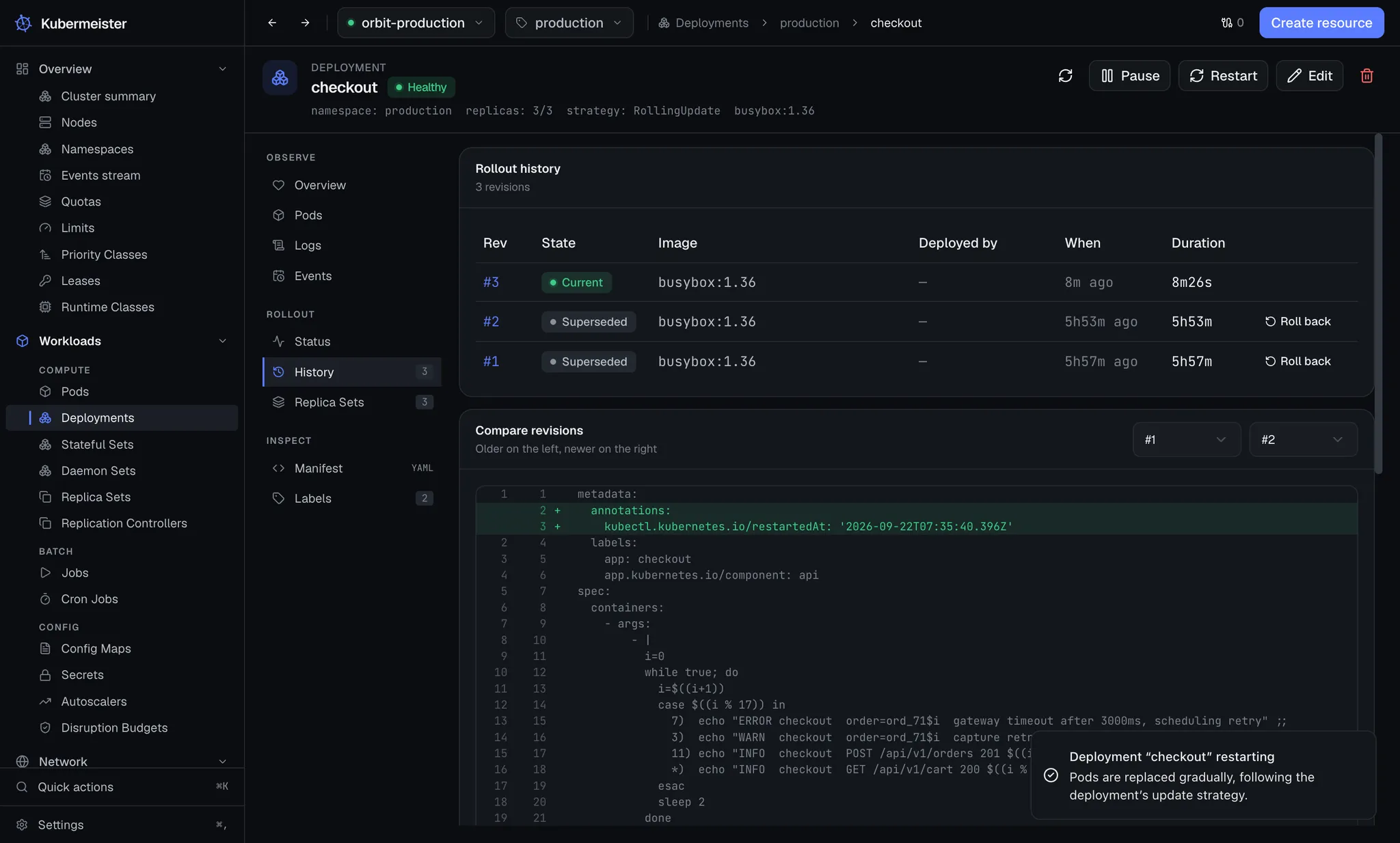 Two deployment revisions compared side by side, with the one added environment variable marked.