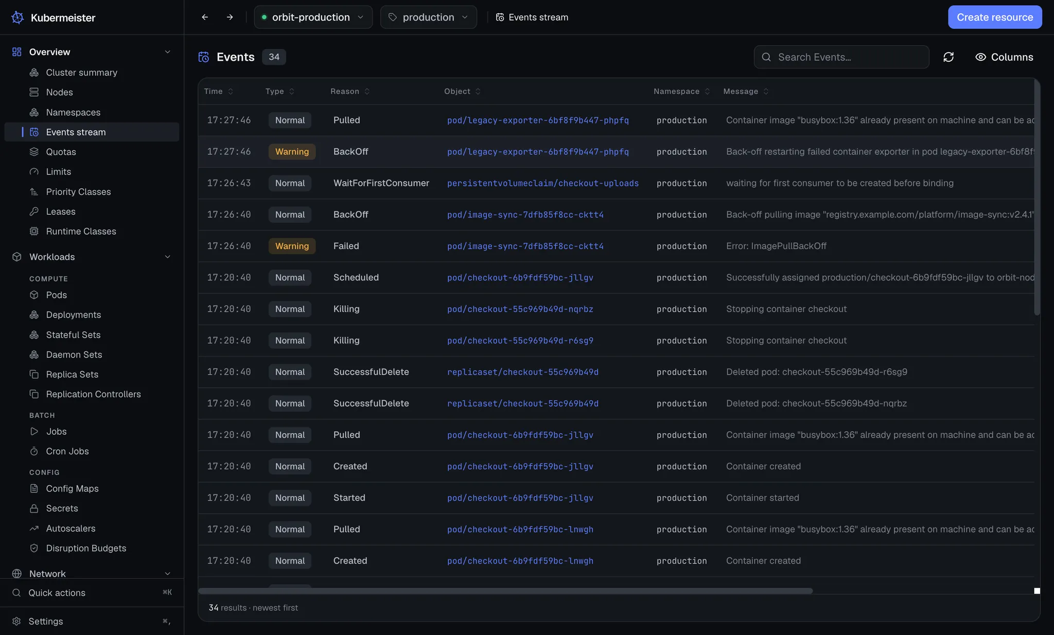 The events stream, which is where crash loops and image pull failures are found.