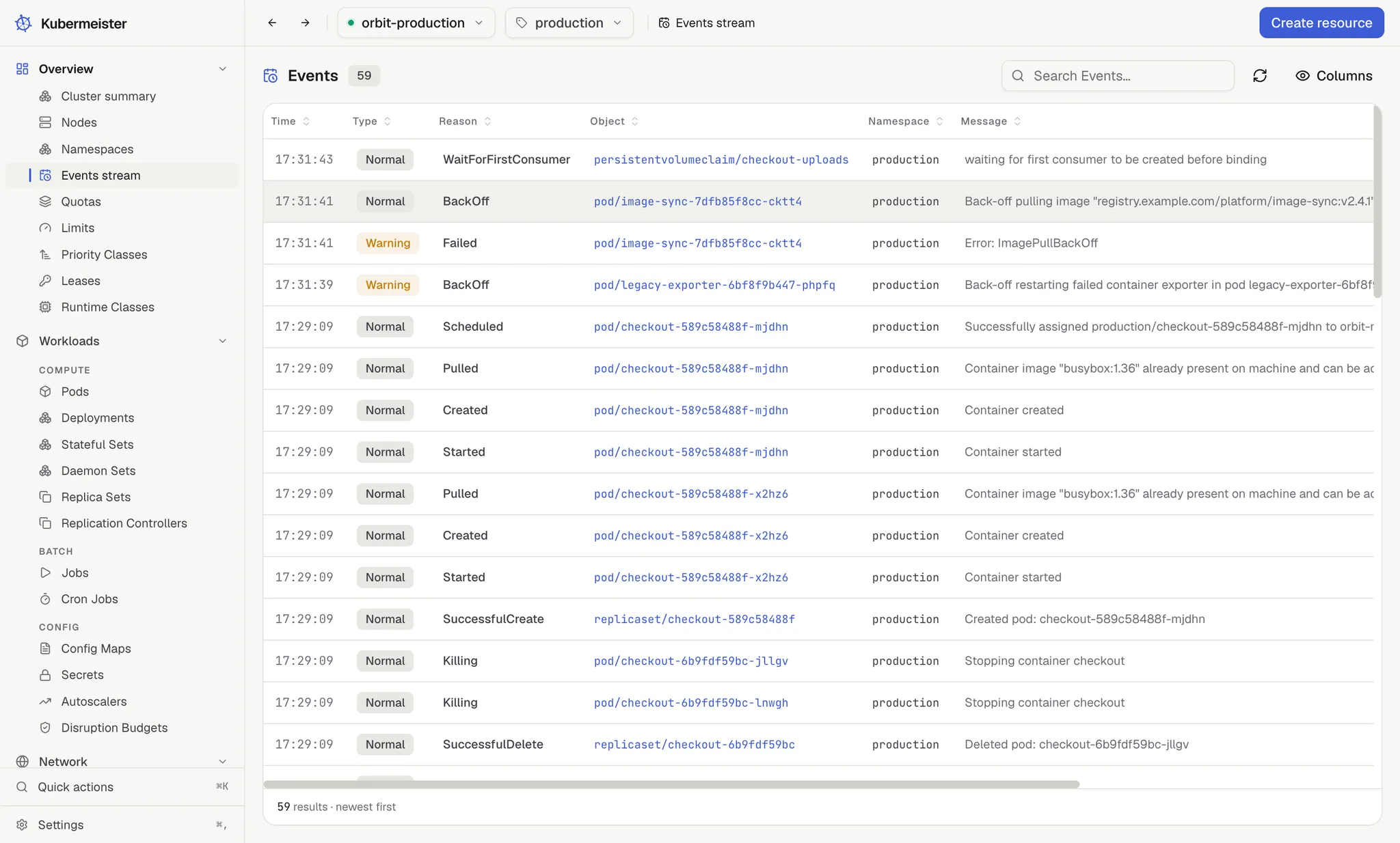 The events stream, which is where crash loops and image pull failures are found.
