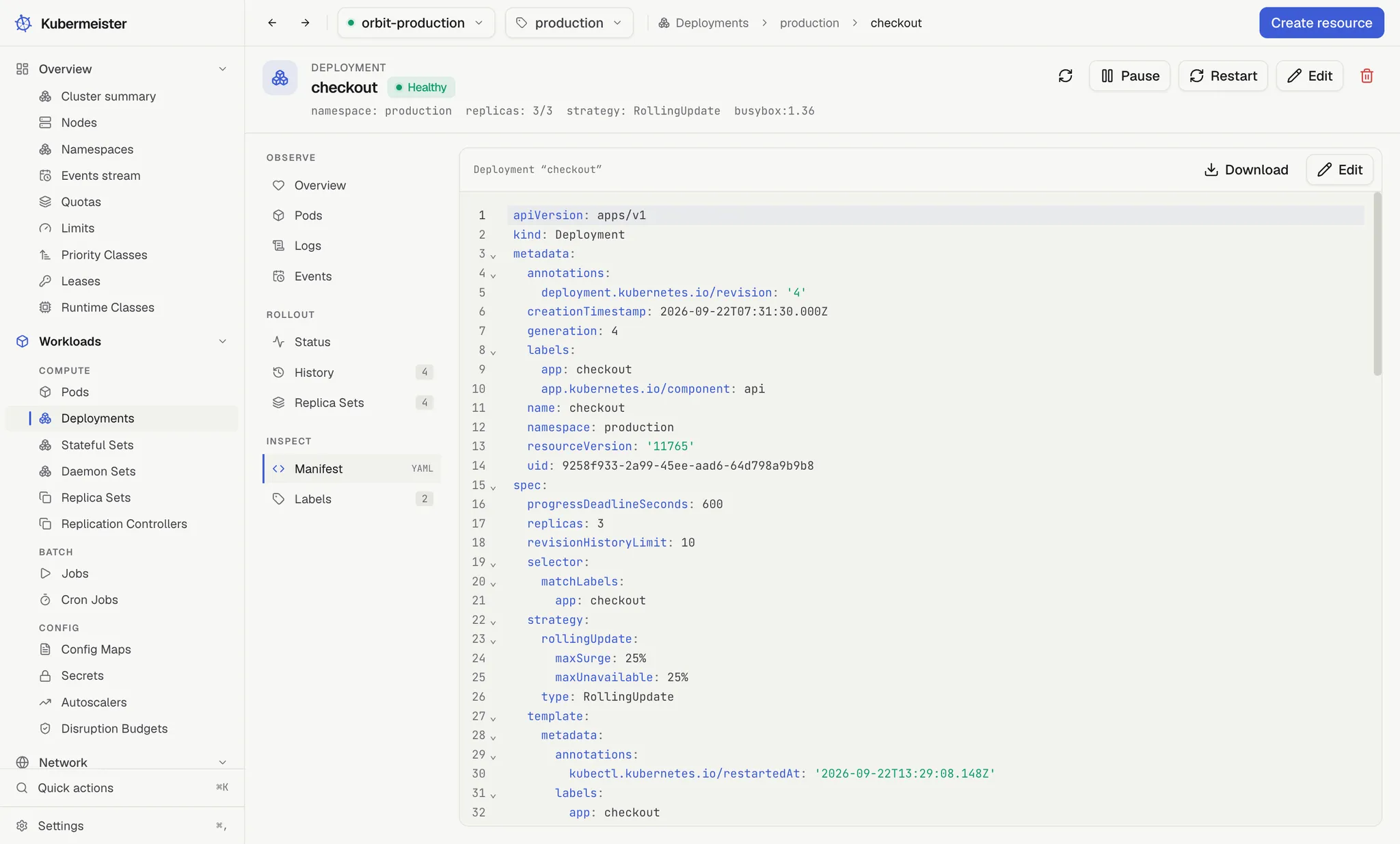 The manifest editor showing an object as YAML with the change about to be applied.