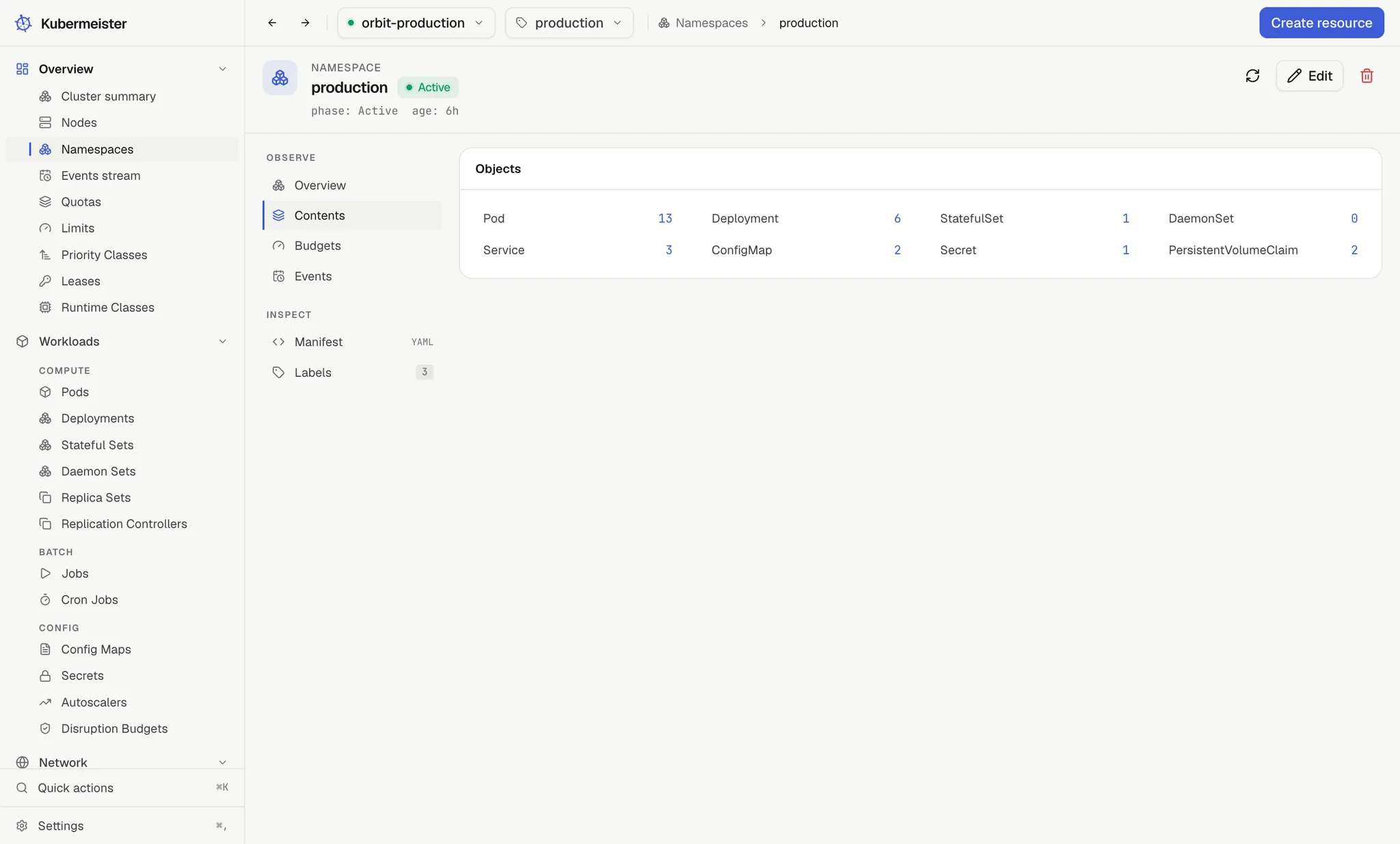 A namespace detail page listing what lives in it, its quotas and its limit ranges.