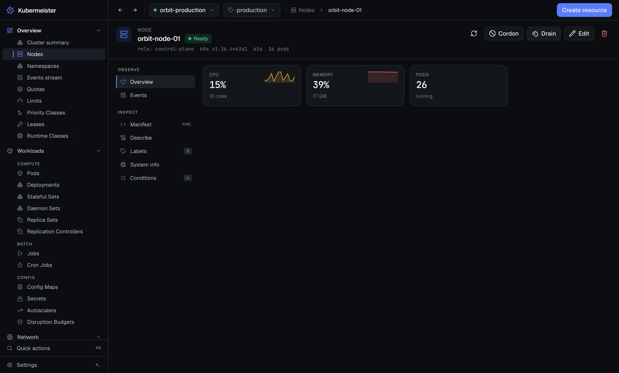 A node detail page with its conditions, capacity, usage and the pods scheduled on it.