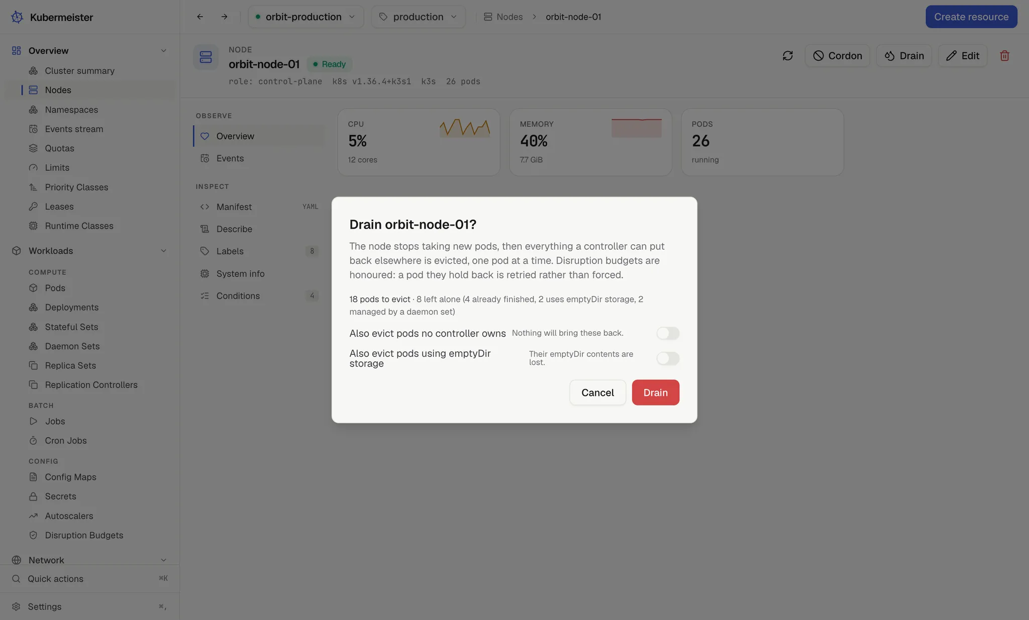 The drain dialog, showing how many pods would be evicted and how many are left alone.