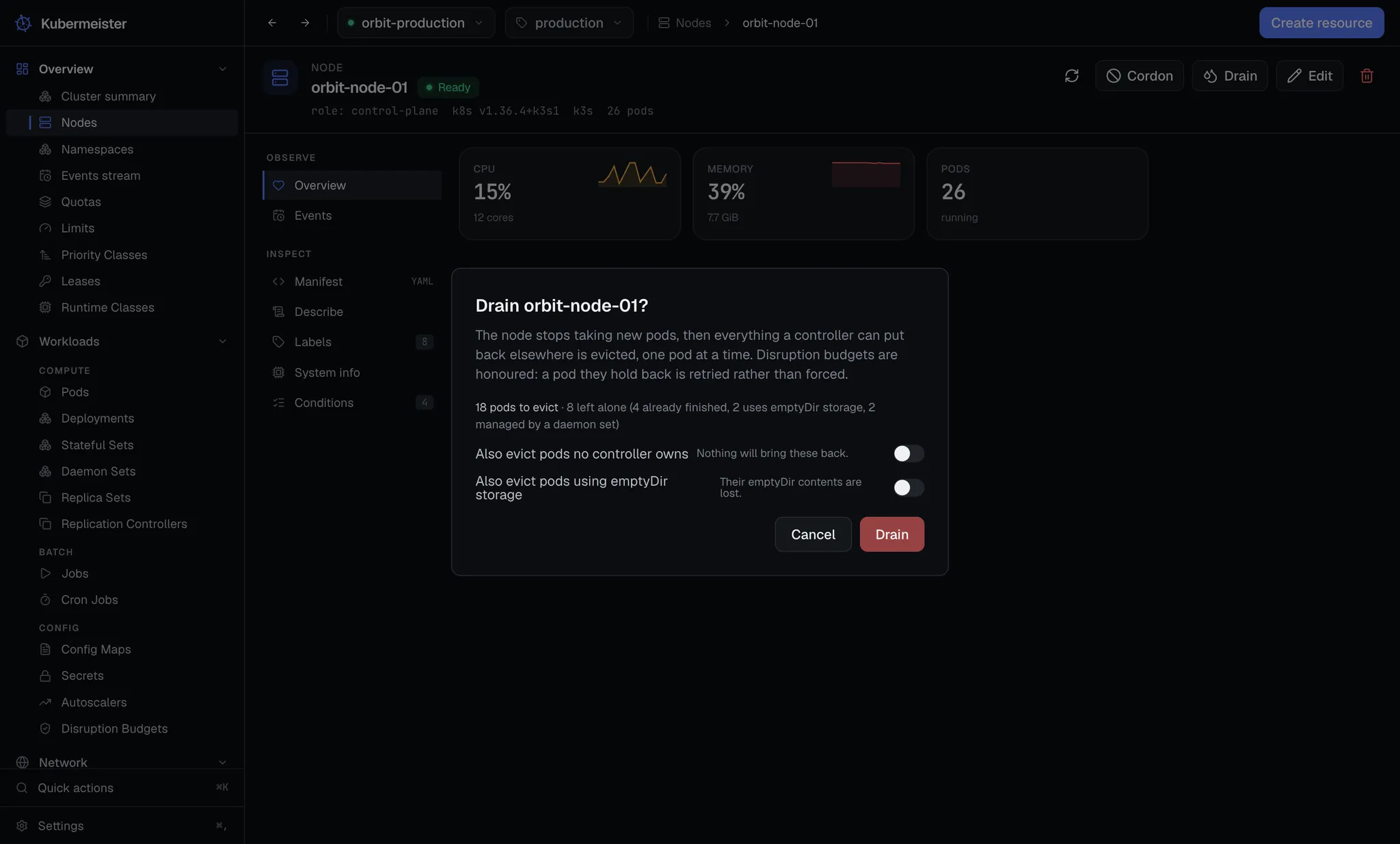 The drain dialog, showing how many pods would be evicted and how many are left alone.