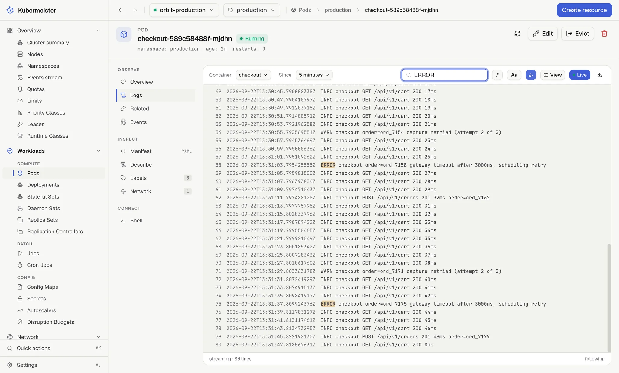 A pod log console, following, with timestamps on every line.