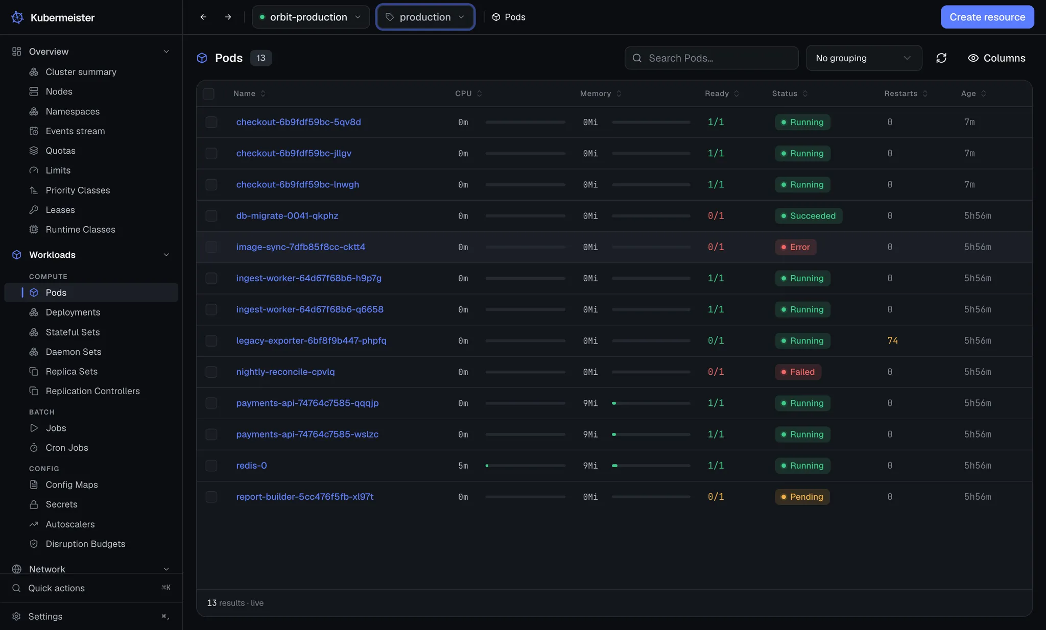 The Kubermeister pods list, live, with CPU and memory meters on each row.