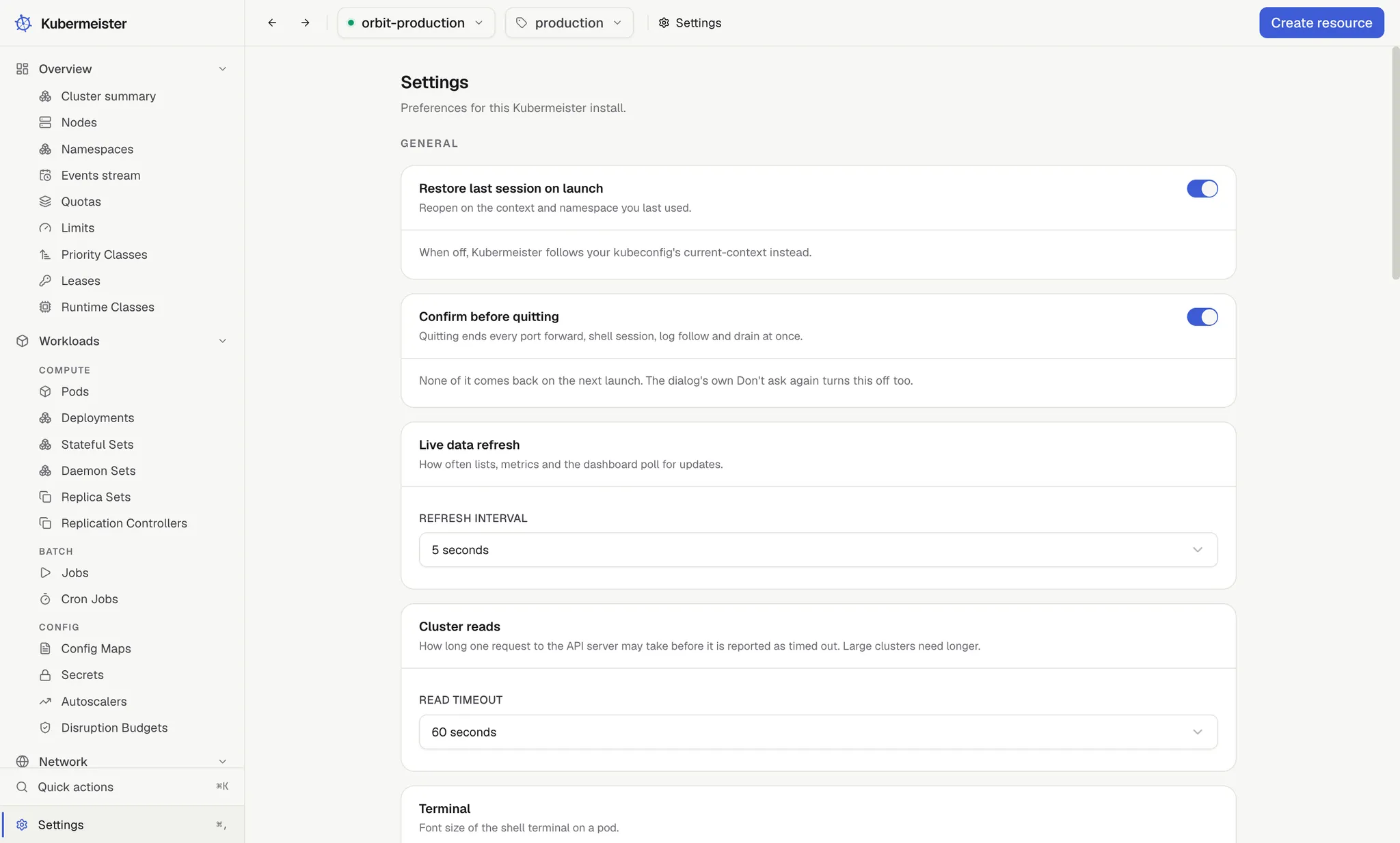 The Kubermeister settings screen.