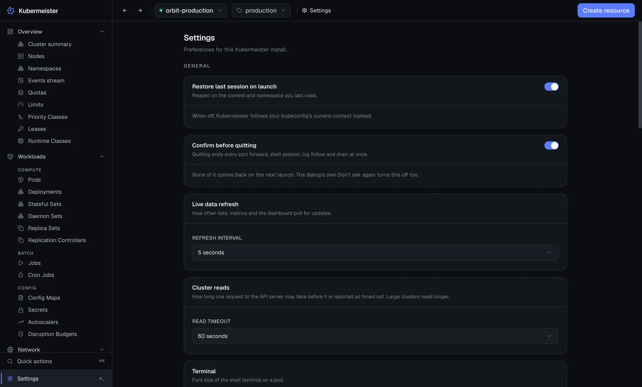 The Kubermeister settings screen.
