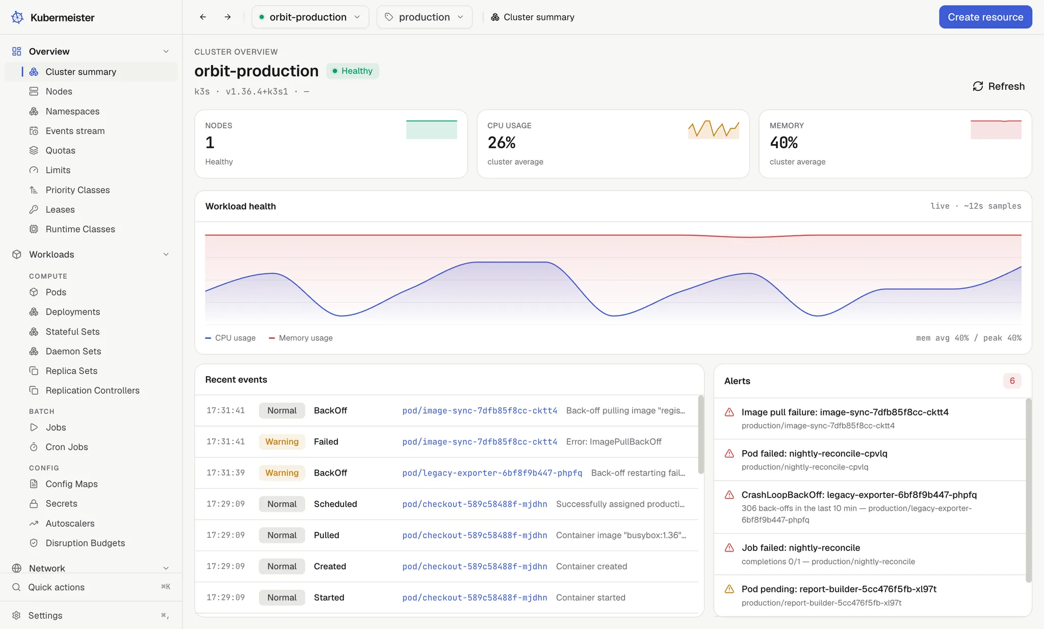 The Kubermeister cluster summary: node health, cluster CPU and memory usage charts, recent events and alerts.