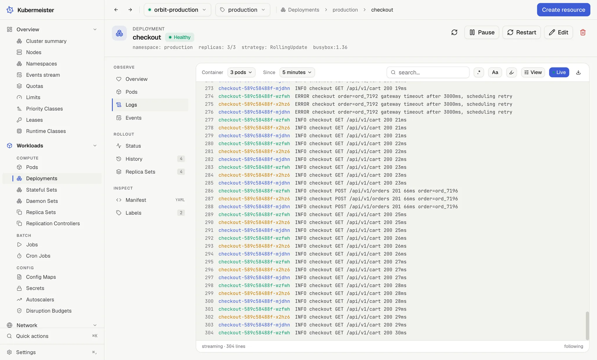 The Kubermeister log console following all three pods of a deployment at once, each pod’s lines coloured.