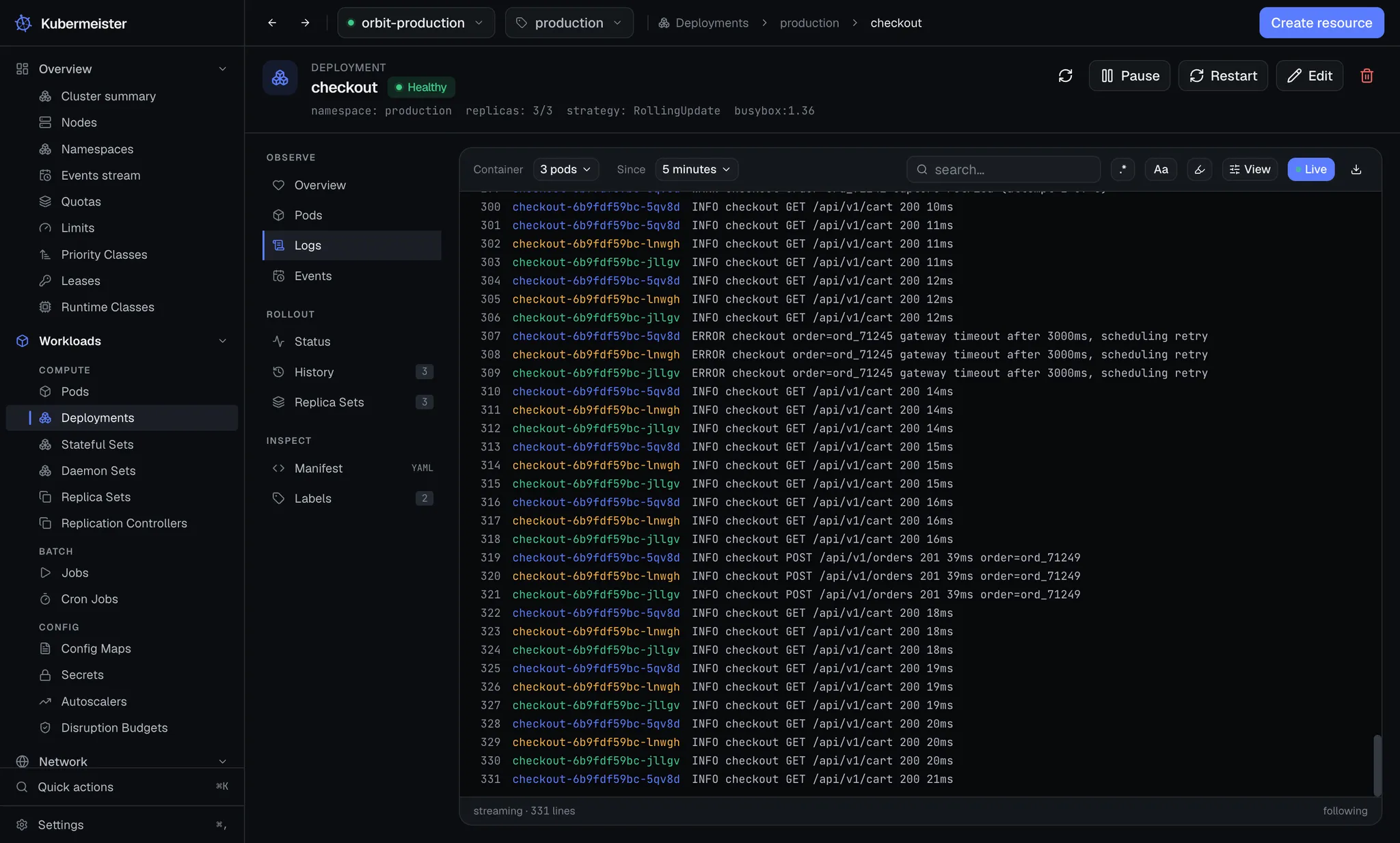 The Kubermeister log console following all three pods of a deployment at once, each pod’s lines coloured.